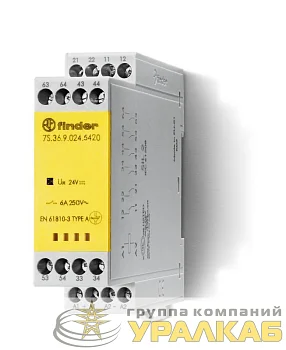 Реле безопасности модульное электромеханич. (реле с принудительным управлением контактами) 4NO+2NC 6А AgNi+Au 24В DC винт. клеммы 22.5мм IP54 FINDER 7S3690245420