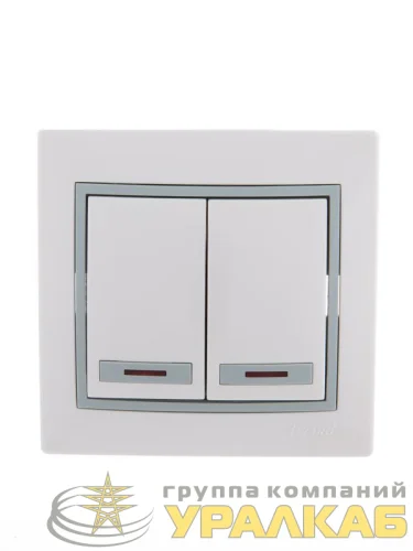 Выключатель 2-кл. СП Mira 10А IP20 с подсветкой с сер. вставкой бел. LEZARD 701-0215-112 детальная картинка