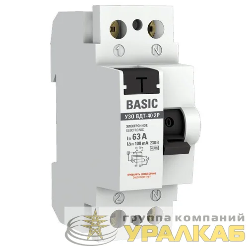 Выключатель дифференциального тока (УЗО) 2п 63А 100мА тип AC электрон.Basic EKF elcb-2-63-100e-sim детальная картинка