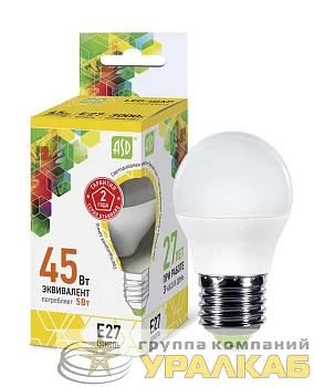 Лампа светодиодная LED-шар-standard 5Вт шар 3000К тепл. бел. E27 450лм 160-260В ASD 4690612002163