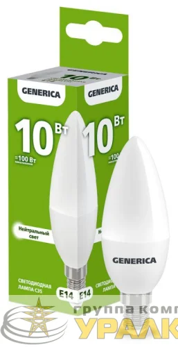 Лампа светодиодная C35 10Вт свеча 4000К E14 230В GENERICA LL-C35-10-230-40-E14-G детальная картинка Лампа светодиодная C35 10Вт свеча 4000К E14 230В GENERICA LL-C35-10-230-40-E14-G детальная картинка