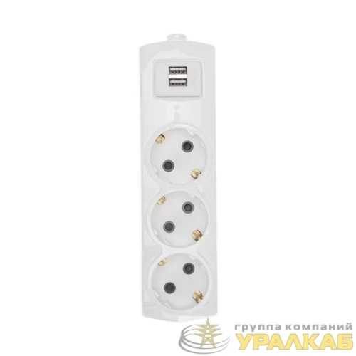 Колодка 3-м с заземл. PREMIUM 2 USB бел. Rexant 