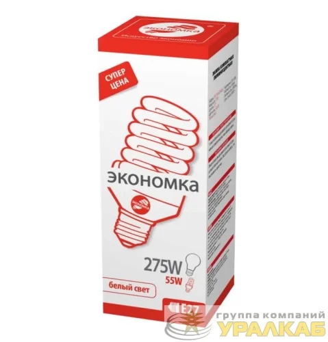 Лампа люминесцентная компакт. SPC 55Вт E27 спиральная 4000К T4 ЭКОНОМКА LKsmT4SPC55wE2742eco детальная картинка