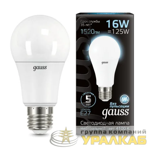 Лампа светодиодная Black 16Вт A60 грушевидная 4100К нейтр. бел. E27 1520лм GAUSS 102502216 детальная картинка