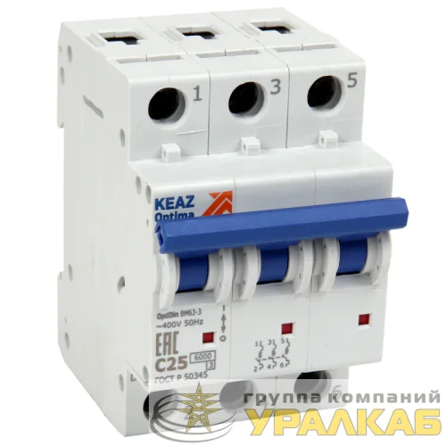 Выключатель автоматический модульный 3п C 10А 6кА OptiDin BM63-3C10-УХЛ3 КЭАЗ 