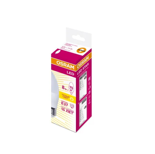 Лампа светодиодная LED STAR CLASSIC B 75 8W/830 8Вт свеча 3000К тепл. бел. E27 806лм 220-240В матов. пласт. OSRAM 4058075210745 детальная картинка