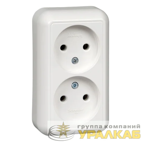 Розетка 2-м ОП Прима 16А IP20 без заземл. без защ. шторок монтаж. пласт. (опт. упак.) бел. SchE RA16-213M-B детальная картинка