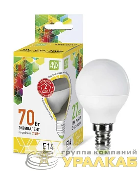 Лампа светодиодная LED-шар-standard 7.5Вт шар 3000К тепл. бел. E14 675лм 160-260В ASD 4690612003962
