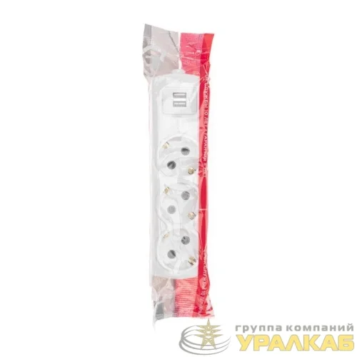 Колодка 3-м с заземл. PREMIUM 2 USB бел. Rexant 