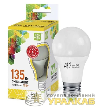 Лампа светодиодная LED-A60-standard 15Вт грушевидная 3000К тепл. бел. E27 1350лм 160-260В ASD 4690612002088