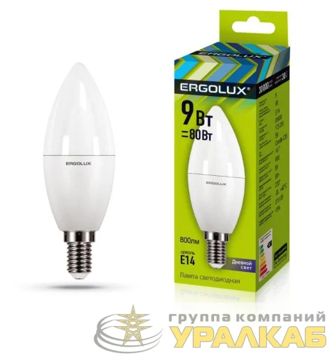 Лампа светодиодная LED-C35-9W-E14-6К Свеча 9Вт E14 6500К 172-265В Ergolux 13169 детальная картинка