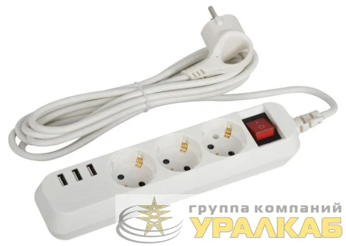 Удлинитель электрический U-3es-3m-USB с заземлением с выключателем 3 розетки+3xUSBA 3м 10А Эра Б0052901 детальная картинка