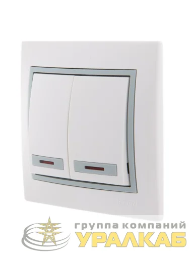 Выключатель 2-кл. СП Mira 10А IP20 с подсветкой с сер. вставкой бел. LEZARD 701-0215-112 детальная картинка