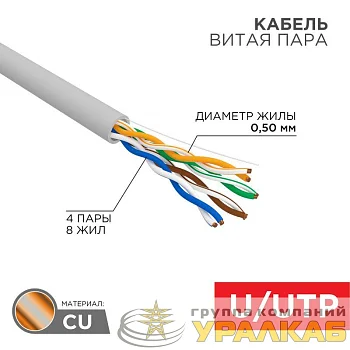 Кабель витая пара U/UTP кат.5E 4х2х24AWG solid CU PVC сер. (м) Rexant 01-0043
