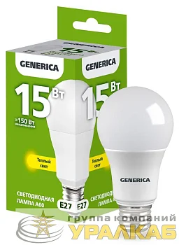 Лампа светодиодная A60 15Вт грушевидная 3000К E27 230В GENERICA LL-A60-15-230-30-E27-G