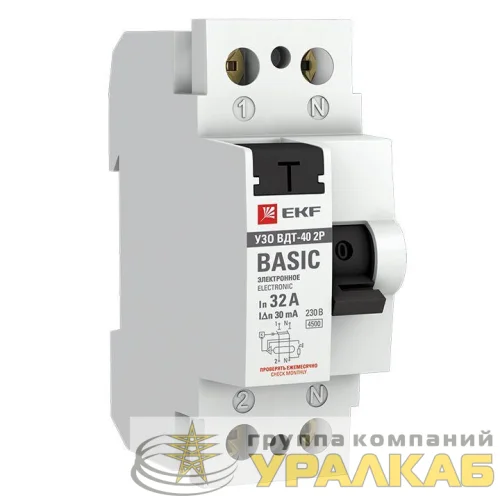 Выключатель дифференциального тока (УЗО) 2п 32А 30мА (электрон.) Basic EKF elcb-2-32-30e-sim детальная картинка