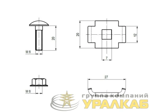 Комплект винтовой соединительный одинарный 6х20 (Винт М6+гайка) (уп.50шт) EKF vcko6x20 детальная картинка