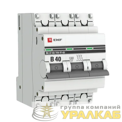 Выключатель автоматический модульный 3п B 40А 4.5кА ВА 47-63 PROxima EKF mcb4763-3-40B-pro детальная картинка