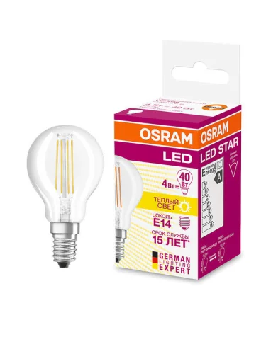 Лампа светодиодная филаментная LED STAR CLASSIC P 40 4W/827 4Вт шар 2700К тепл. бел. E14 470лм 220-240В прозр. стекло OSRAM 4058075068377 детальная картинка Лампа светодиодная филаментная LED STAR CLASSIC P 40 4W/827 4Вт шар 2700К тепл. бел. E14 470лм 220-240В прозр. стекло OSRAM 4058075068377 детальная картинка