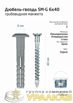 Дюбель-гвоздь 6х40 с грибовидной манжетой полипропилен (уп.150шт) ведро Tech-Krep 101989