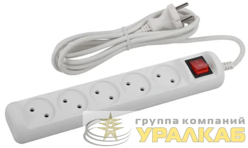 Удлинитель 5х1.5м без заземл. 10А IP20 U-5s-1.5m-2х1 ПВС 2х1 с выкл. Эра 
