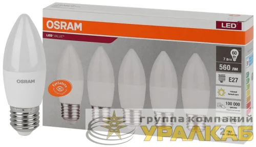 Лампа светодиодная LED Value LVCLB60 7SW/830 свеча матовая E27 230В 2х5 RU (уп.5шт) OSRAM 4058075578012 детальная картинка