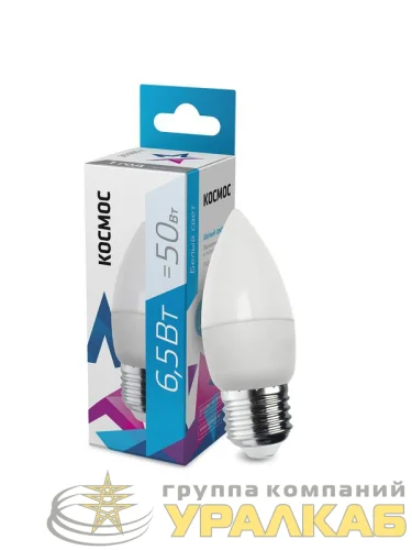 Лампа светодиодная 6.5Вт свеча 4500К бел. E27 220В КОСМОС LkecLED6.5wCNE2745 детальная картинка