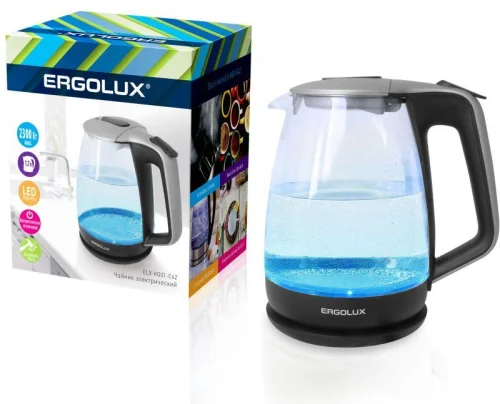 Чайник ELX-KG01-C42 стекл. 1.7л 160-250В 1500-2300Вт серебристо-черн. Ergolux 13117 детальная картинка