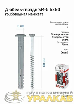 Дюбель-гвоздь 6х60 с грибовидной манжетой полипропилен (уп.40шт) коробка Tech-Krep 112711