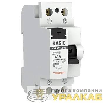 Выключатель дифференциального тока (УЗО) 2п 63А 100мА тип AC электрон.Basic EKF elcb-2-63-100e-sim