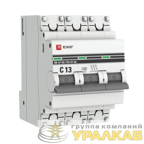 Выключатель автоматический модульный 3п C 13А 4.5кА ВА 47-63 PROxima EKF mcb4763-3-13C-pro детальная картинка