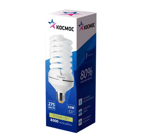 Лампа люминесцентная компакт. SPC 55Вт E27 спиральная 2700К T4 КОСМОС LKsmT4SPC55wE2727 детальная картинка