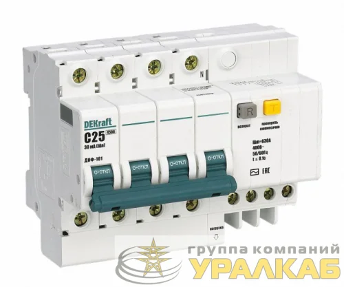 Выключатель автоматический дифференциального тока 4п C 16А 300мА тип AC ДИФ-101 со встроен. защитой от сверхтоков DEKraft 