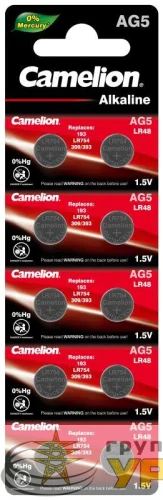 Элемент питания алкалиновый "таблетка" LR754/393A/193/G 5 Mercury Free AG5-BP0%Hg для часов BL-10 (блист.10шт) Camelion 12813 детальная картинка