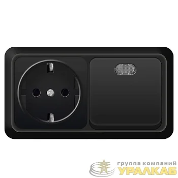 Блок ОП Олимп 1-кл. выкл. с подсветкой 10А + роз. с заземл. 16А 220В горизонт. черн. Universal 