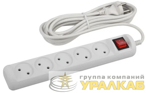 Удлинитель 5х5м без заземл. 10А IP20 U-5s-5m-2х1 ПВС 2х1 с выкл. Эра 