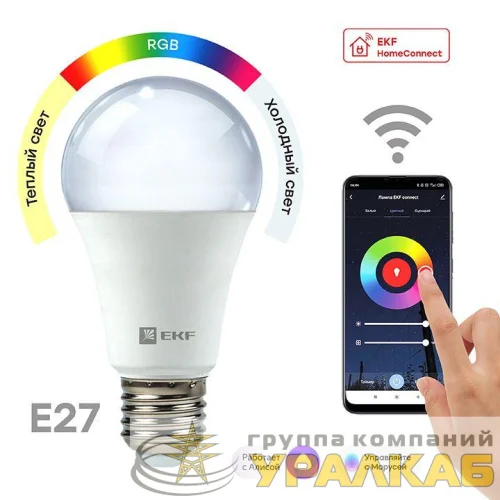 Лампа светодиодная Умная HomeConnect 8Вт WIFI RGBW E27 EKF slwf-e27-rgbw детальная картинка