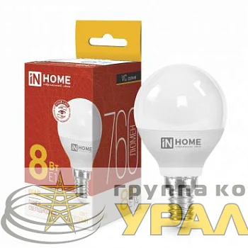 Лампа светодиодная LED-ШАР-VC 8Вт шар 3000К тепл. бел. E14 760лм 230В IN HOME 4690612020549