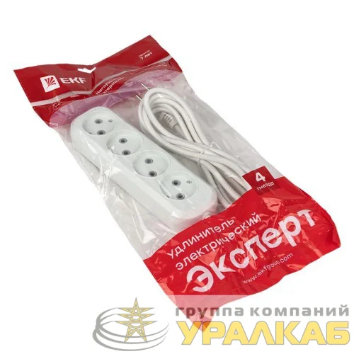 Удлинитель 4х2м без заземл. 10А IP20 Эксперт 2.2кВт ПВС 2х0.75 PROxima EKF 