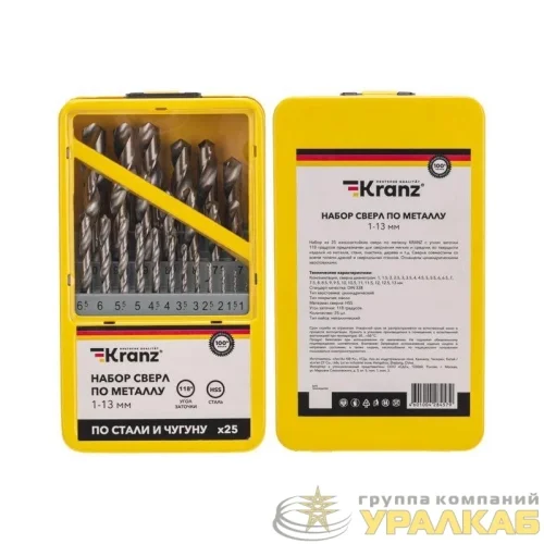 Набор сверл по металлу 1-13мм (через 0.5мм) HSS цилиндрический хвостовик метал. кейс 25шт Kranz 