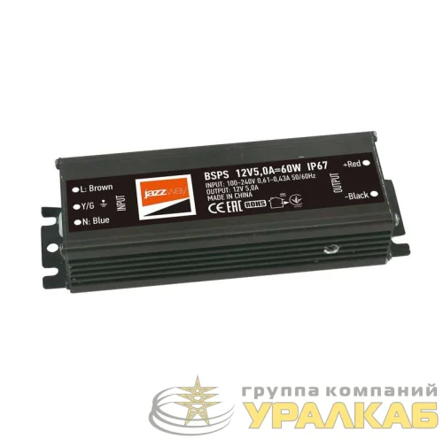 Блок питания для светодиодной ленты 60Вт 5А 12В IP67 BSPS влагозащ. метал. JazzWay 3329273A детальная картинка