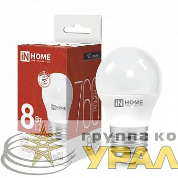 Лампа светодиодная LED-ШАР-VC 8Вт шар 4000К нейтр. бел. E27 760лм 230В IN HOME 4690612020570
