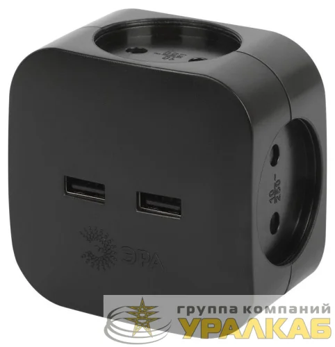 Разветвитель электрический SP-4-USB-B на 4 розетки 220В+ 2xUSB 2400мА без заземл 10А черн. Эра Б0049536 детальная картинка