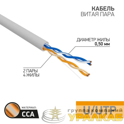 Кабель витая пара U/UTP кат.5E 2х2х24AWG solid CCA PVC сер. (м) PROCONNECT 01-0022-3 детальная картинка