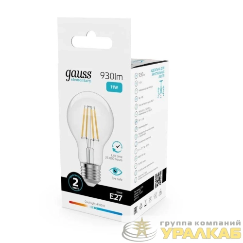 Лампа светодиодная филаментная Filament Elementary А60 11Вт 4100К Е27 930лм GAUSS 