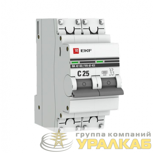Выключатель автоматический модульный 2п C 25А 6кА ВА 47-63 PROxima EKF mcb4763-6-2-25C-pro