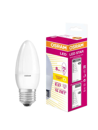 Лампа светодиодная LED STAR CLASSIC B 75 8W/830 8Вт свеча 3000К тепл. бел. E27 806лм 220-240В матов. пласт. OSRAM 4058075210745 детальная картинка