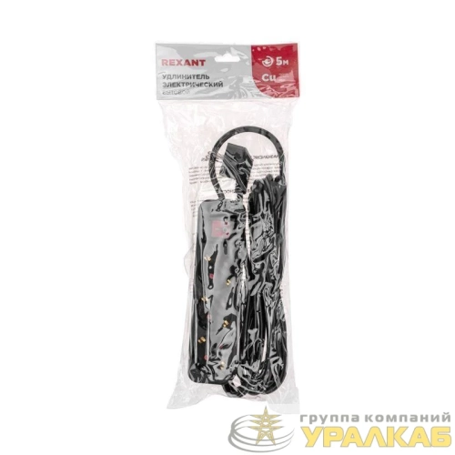Удлинитель 3х5м с заземл. STANDARD 3х1кв.мм с выкл. черн. Rexant 13-4020 детальная картинка
