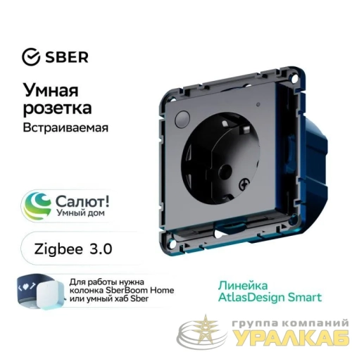 Розетка AtlasDesign Smart 16А L+N с заземл. защ. шторки Zigbee механизм карбон SE 