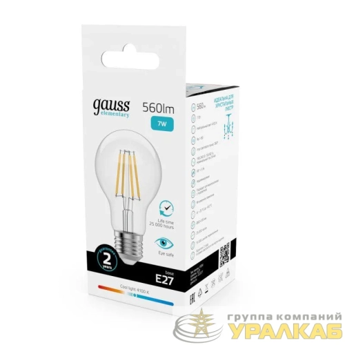 Лампа светодиодная филаментная Filament Elementary А60 7Вт 4100К Е27 560лм GAUSS 